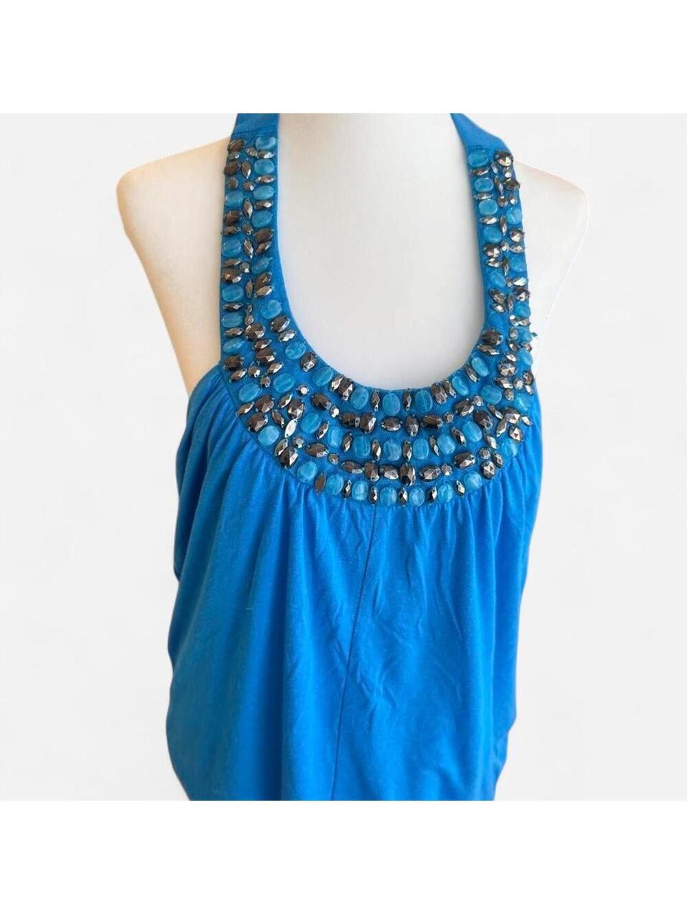 New Directions Blue Embellished Halter Bubble Hem Top | XL
